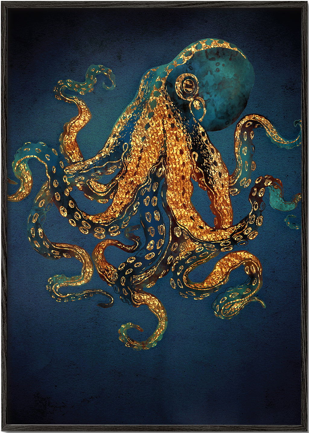 Dieren poster gouden octopus op diepblauw