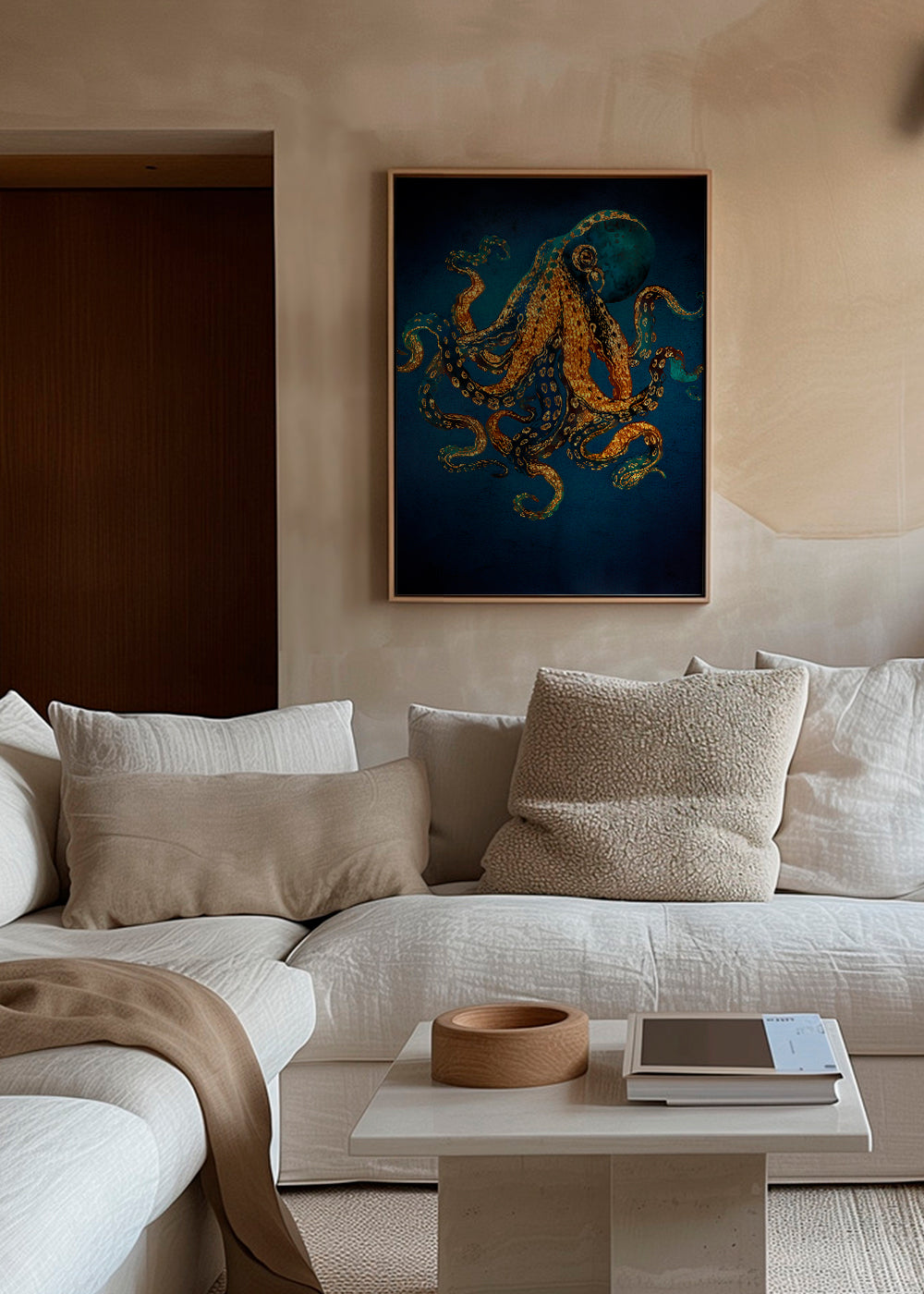Dieren poster gouden octopus op diepblauw