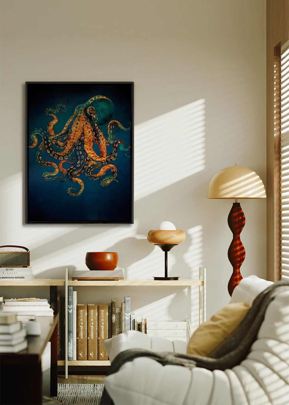 Dieren poster gouden octopus op diepblauw