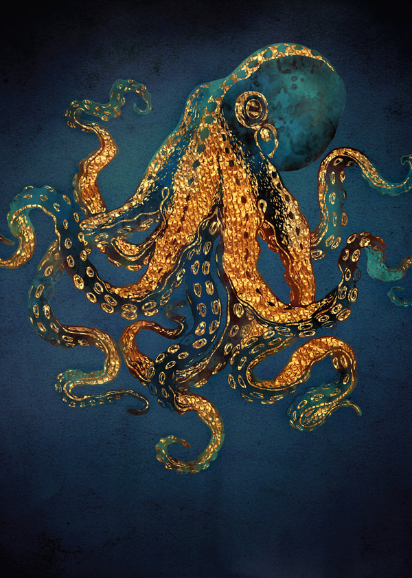 Dieren poster gouden octopus op diepblauw