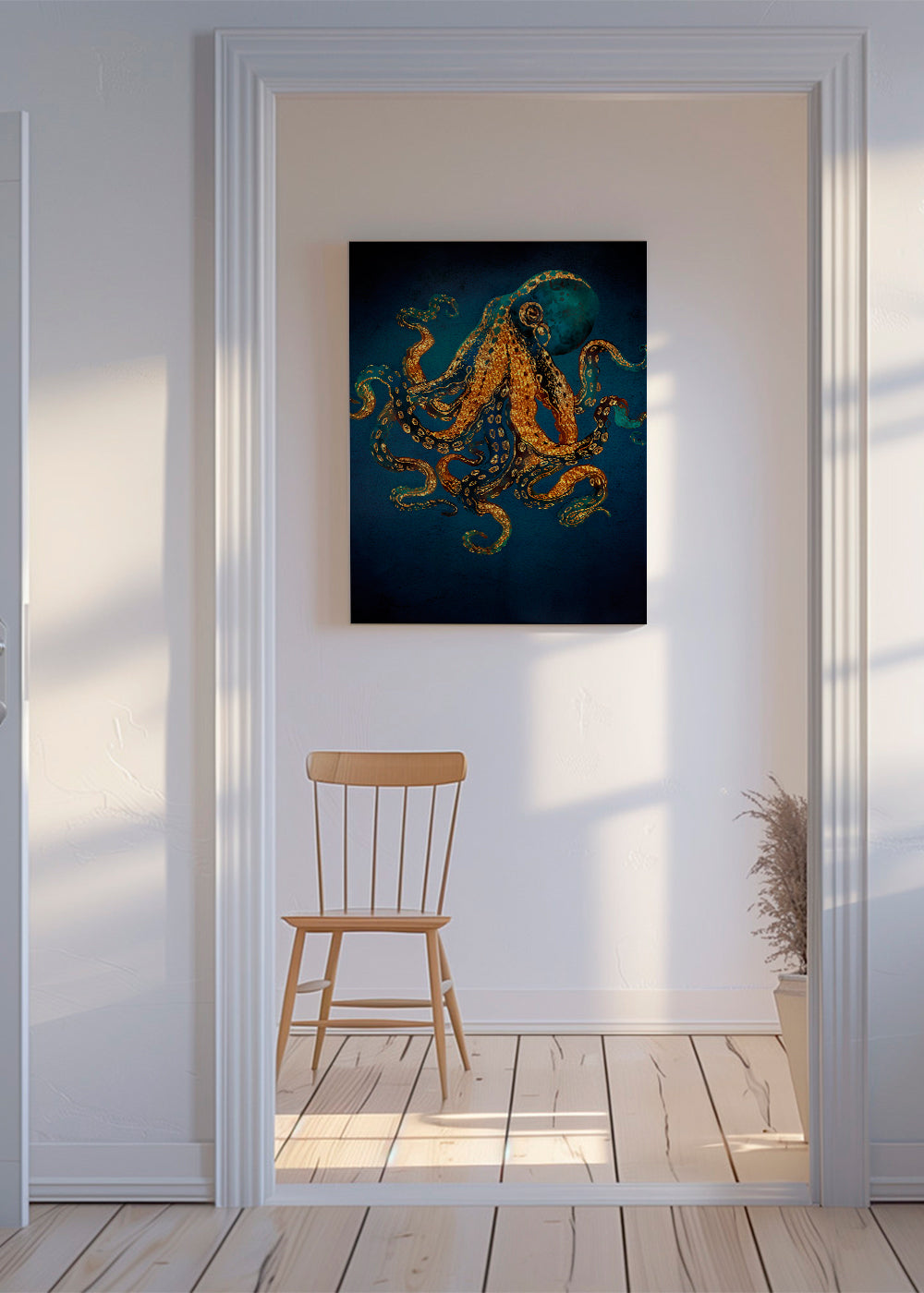 Dieren poster gouden octopus op diepblauw
