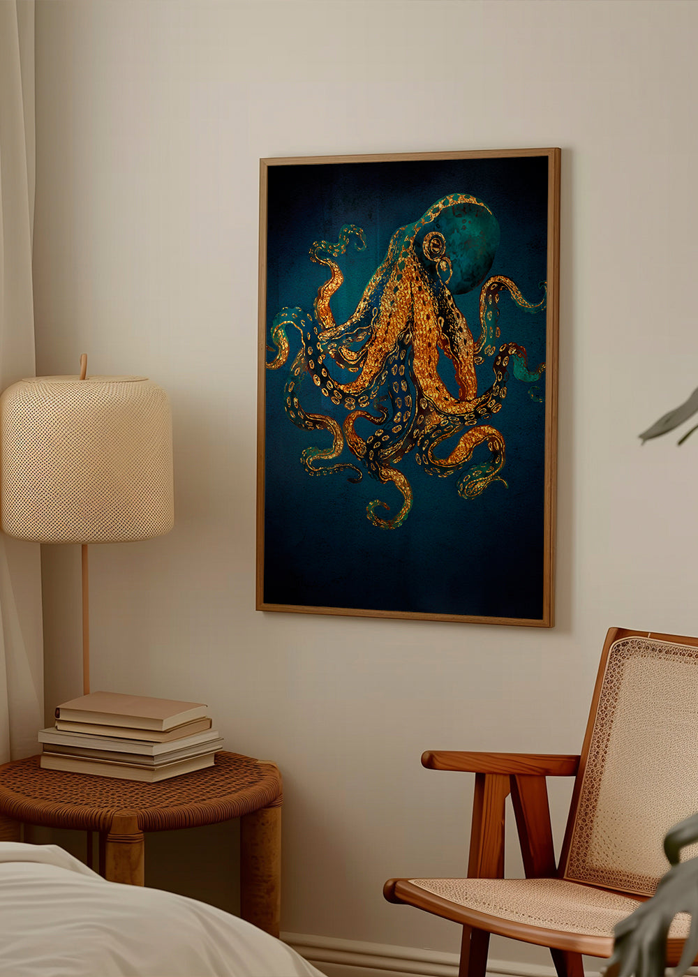 Dieren poster gouden octopus op diepblauw