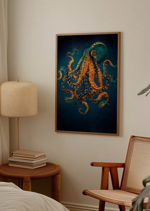 Dieren poster gouden octopus op diepblauw
