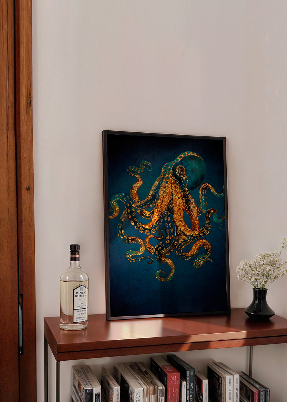 Dieren poster gouden octopus op diepblauw