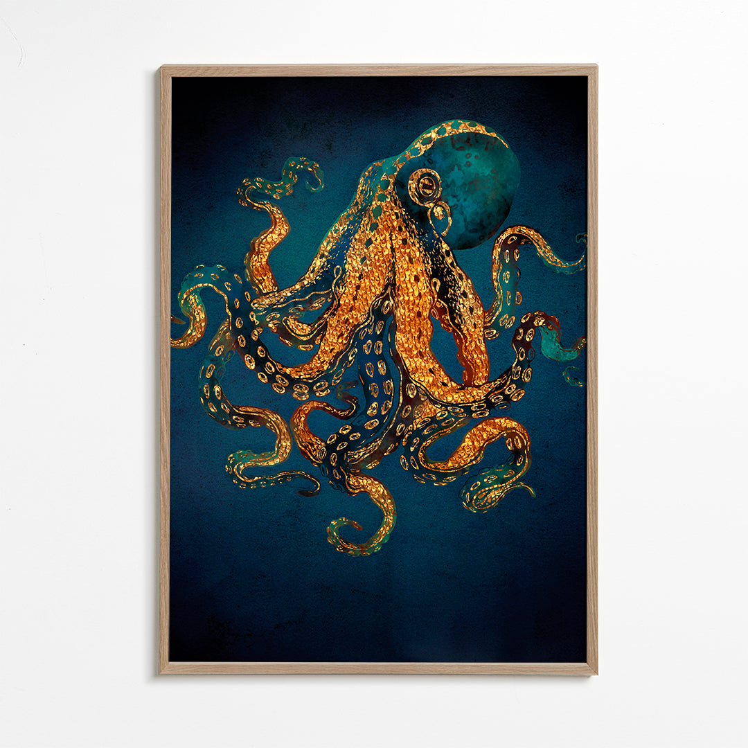 Dieren poster gouden octopus op diepblauw