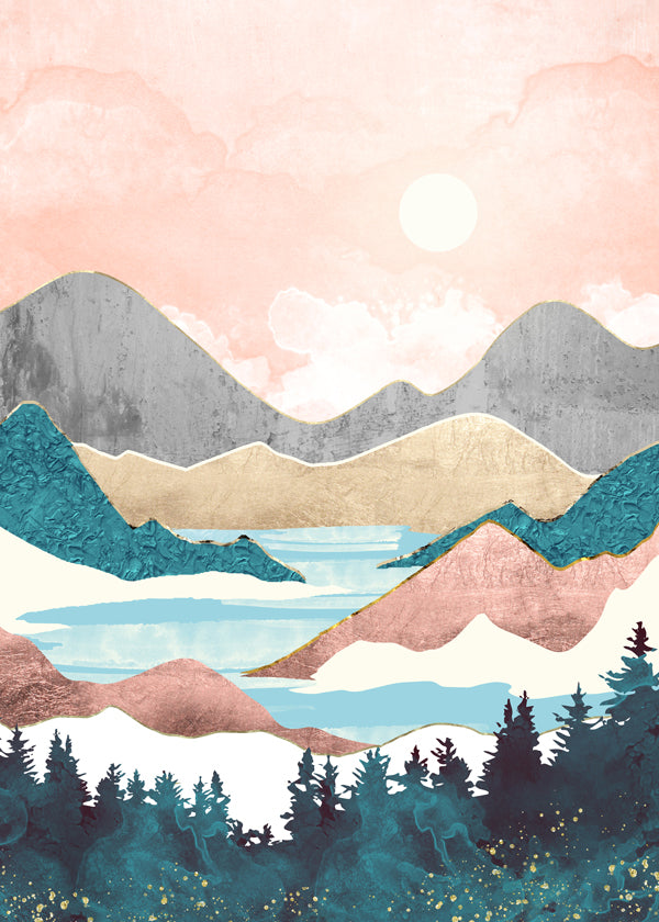 Landschap kunst: meer zonsopgang illustratie