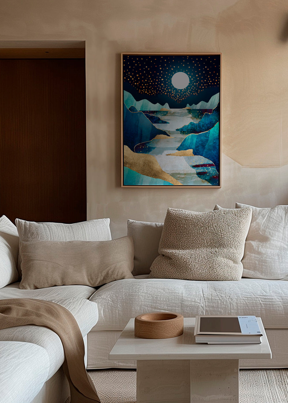 Landschap kunst: maanvallei in blauw en goud