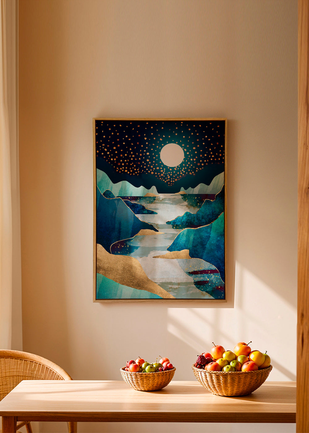 Landschap kunst: maanvallei in blauw en goud