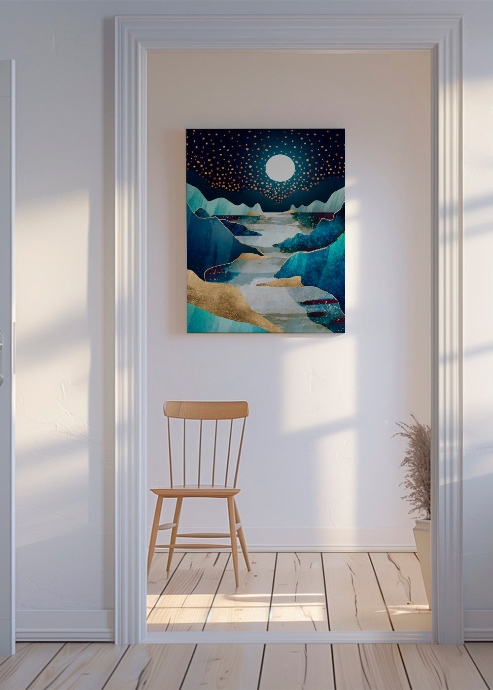 Landschap kunst: maanvallei in blauw en goud