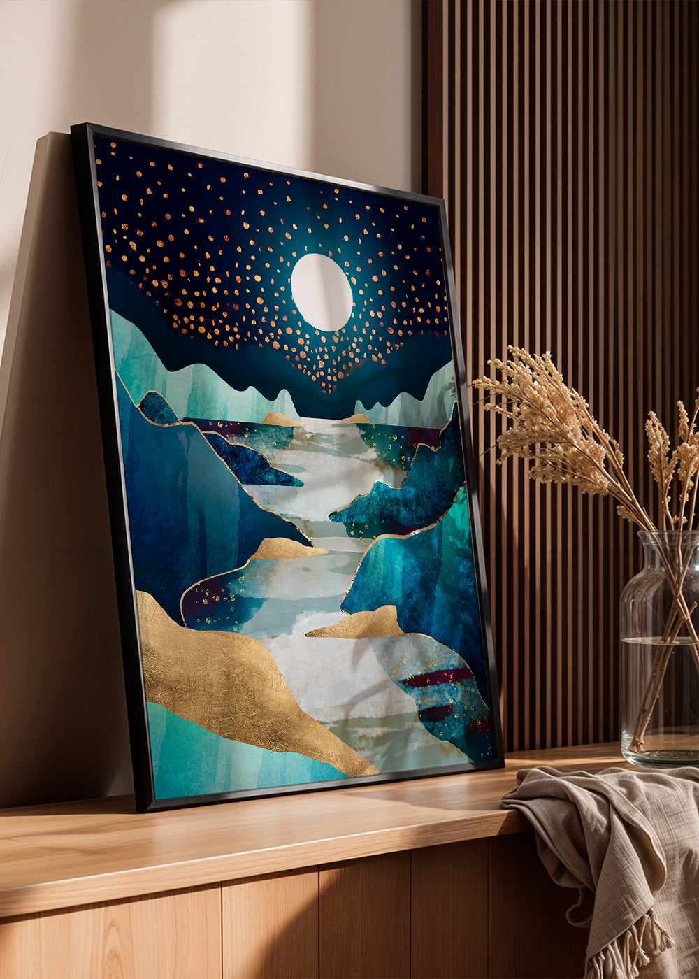 Landschap kunst: maanvallei in blauw en goud