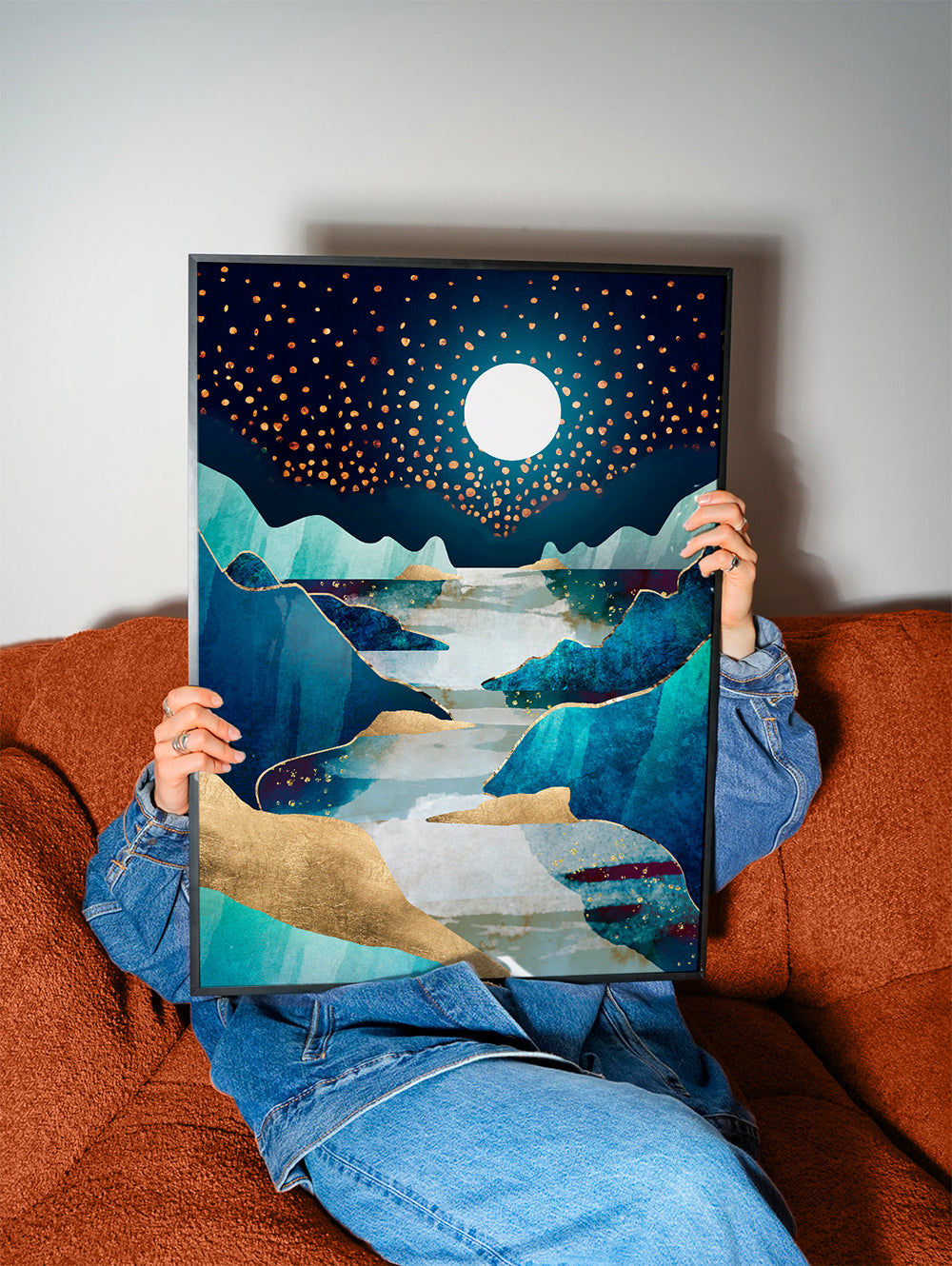 Landschap kunst: maanvallei in blauw en goud