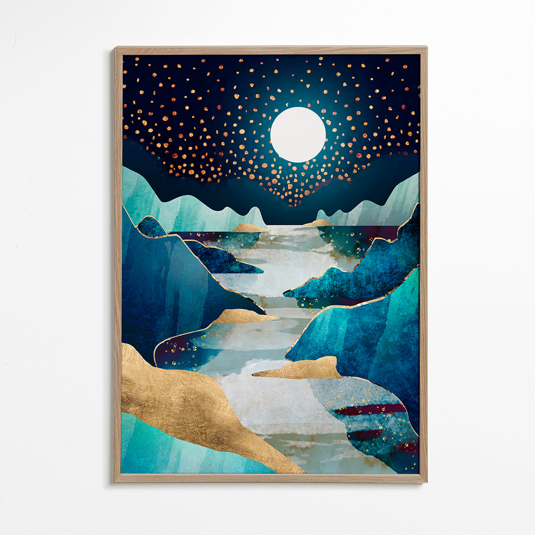 Landschap kunst: maanvallei in blauw en goud