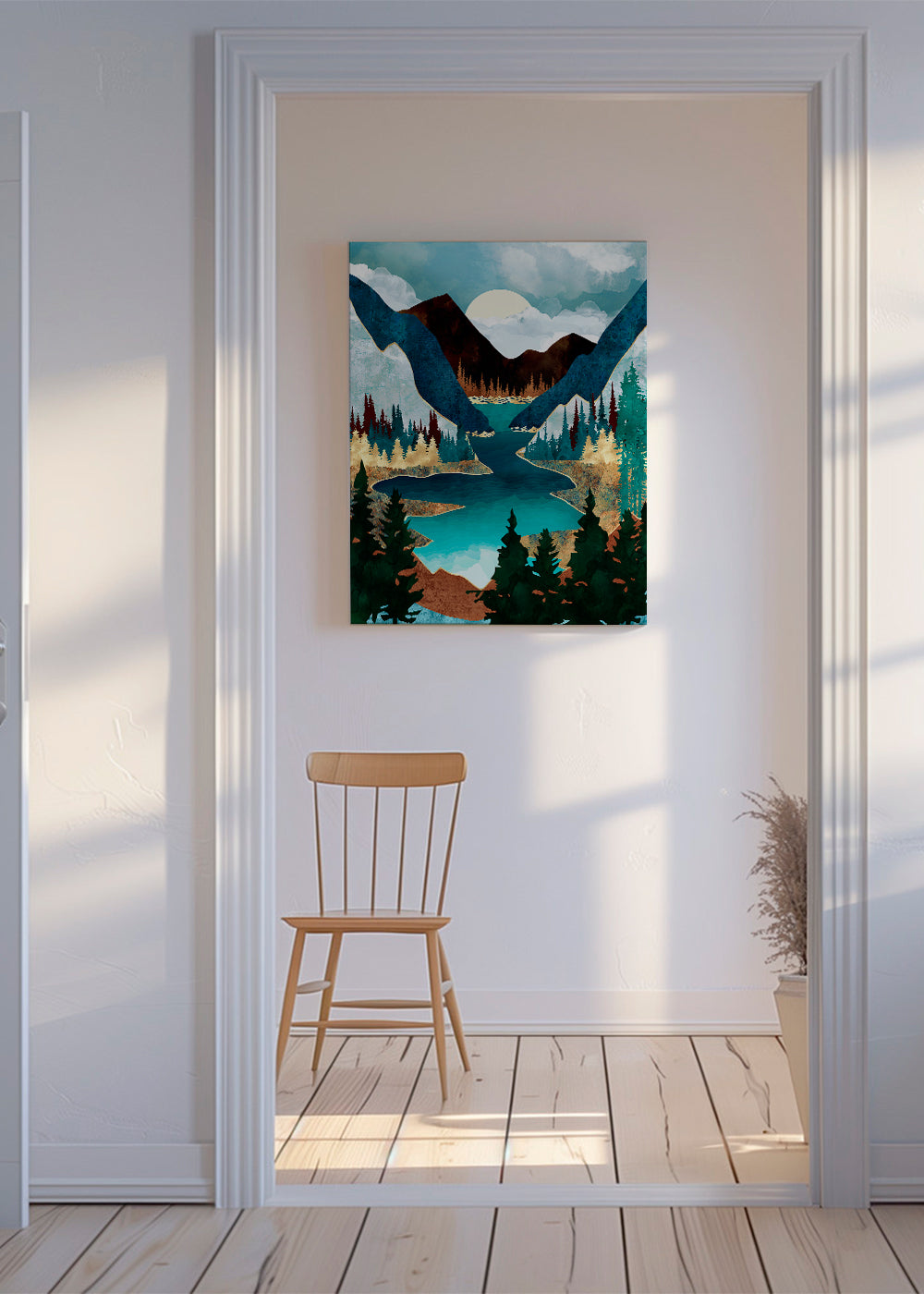 Landschapsposter: meer tussen bergen illustratie