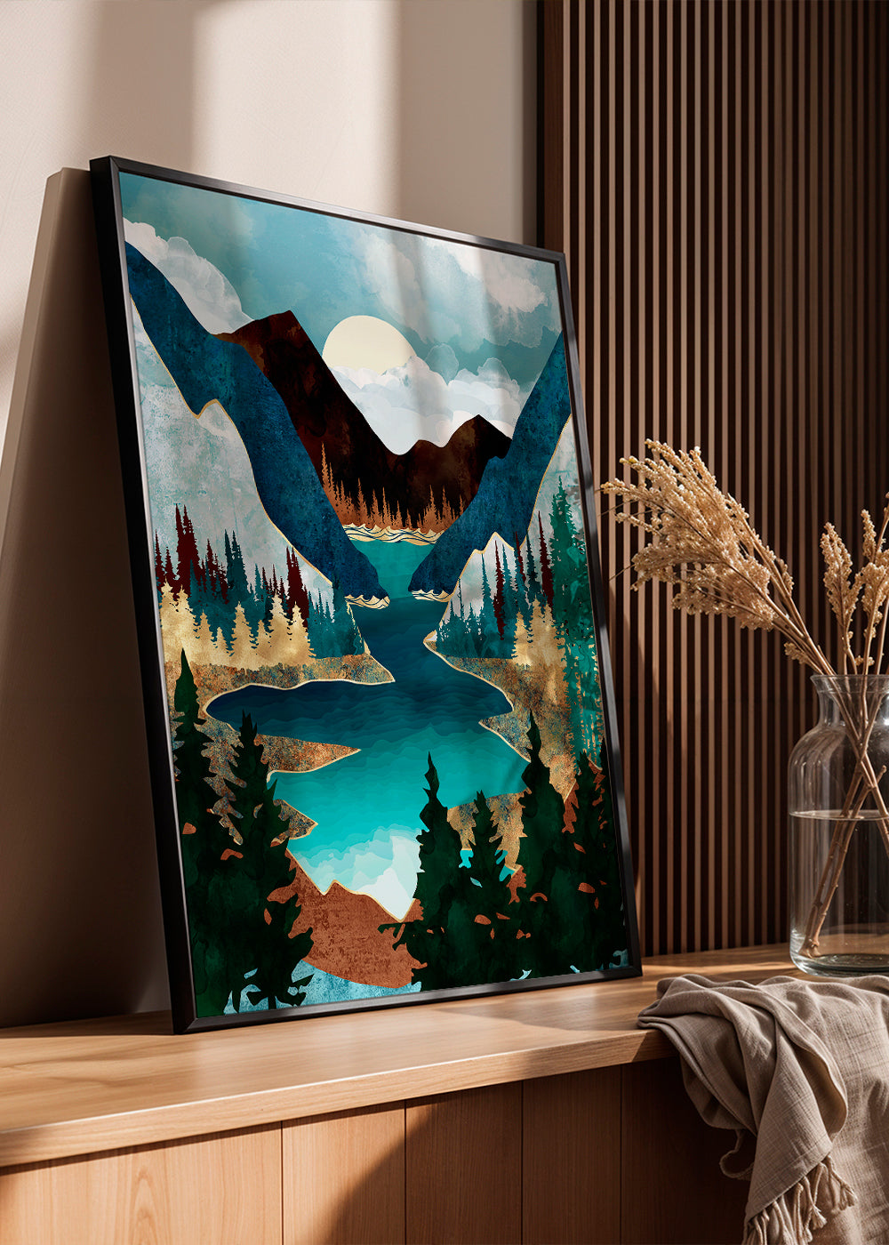 Landschapsposter: meer tussen bergen illustratie