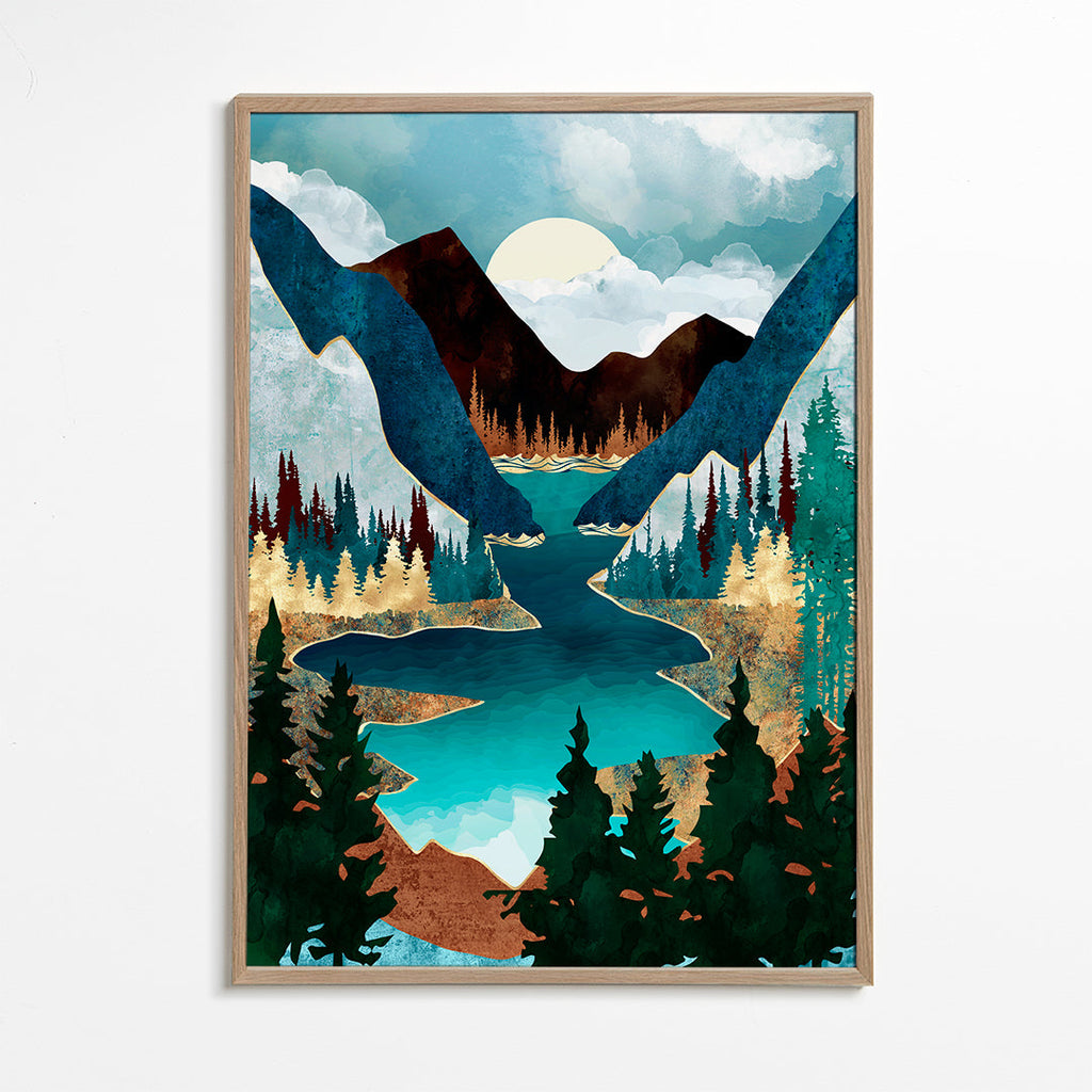 Landschapsposter: meer tussen bergen illustratie