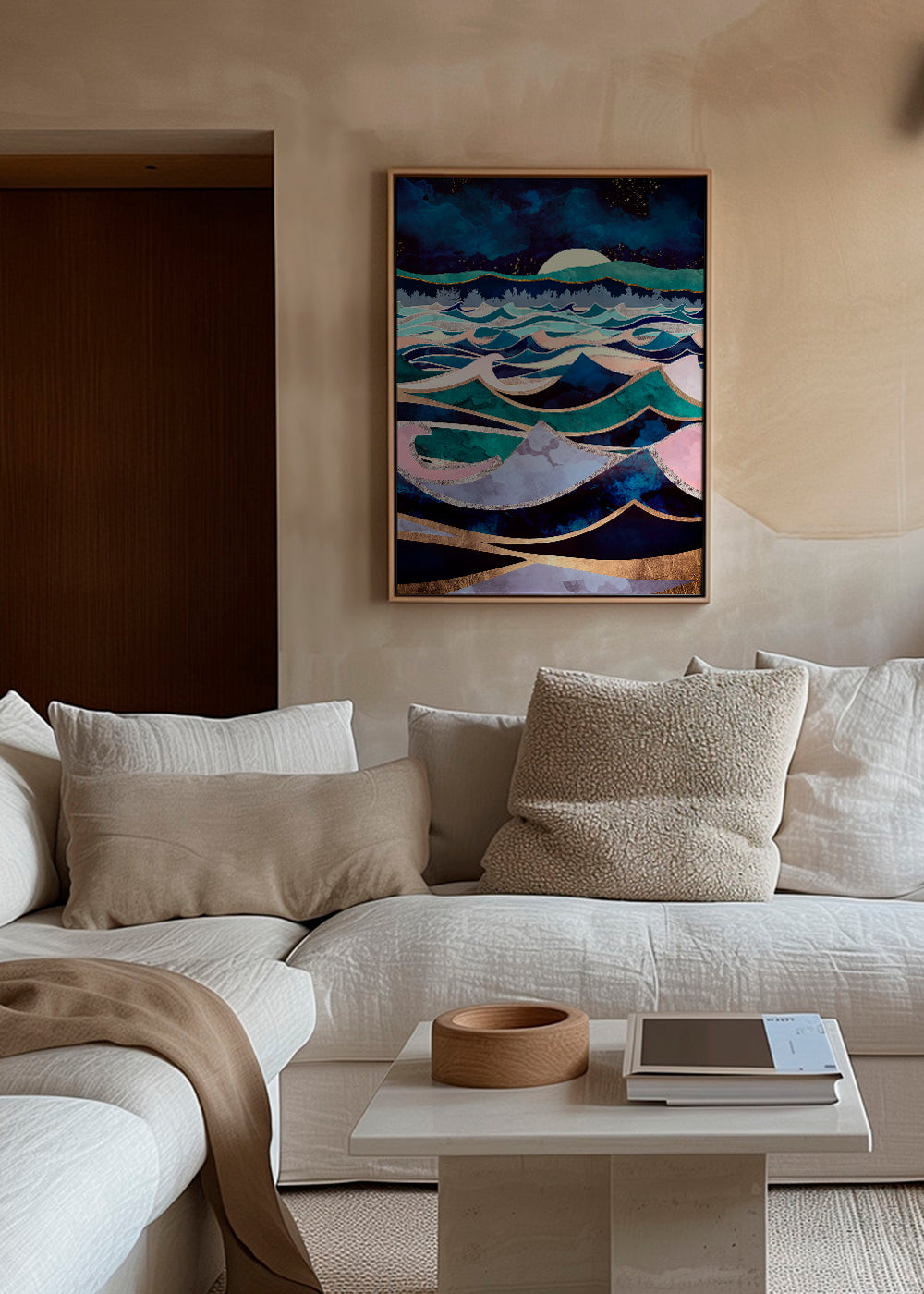 Abstracte kunst: gelaagde maanverlichte golven