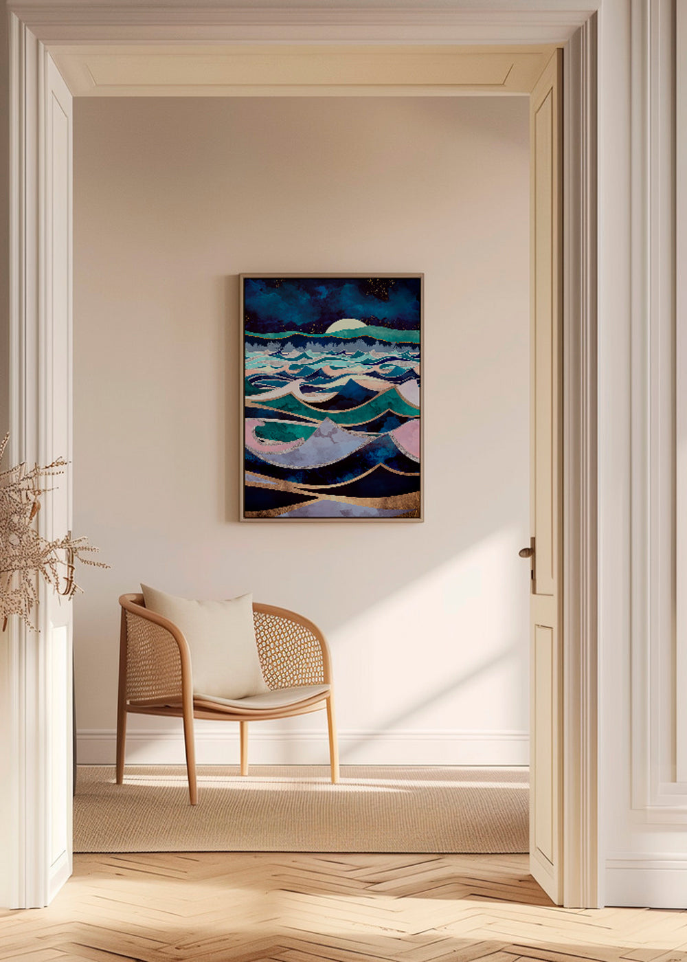 Abstracte kunst: gelaagde maanverlichte golven