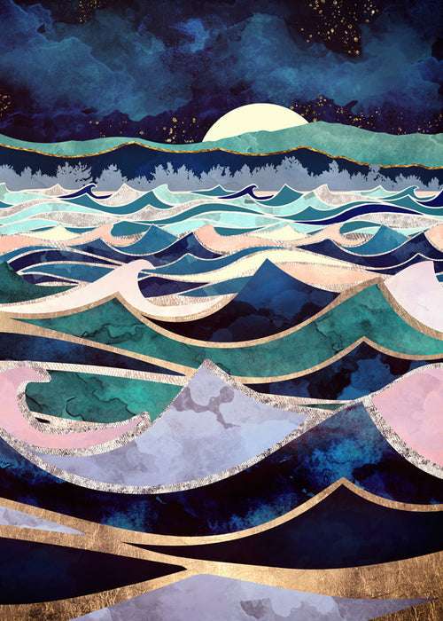 Abstracte kunst: gelaagde maanverlichte golven