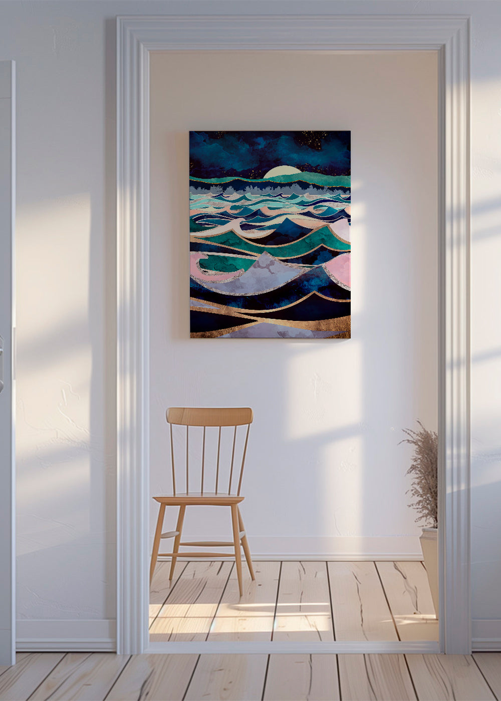 Abstracte kunst: gelaagde maanverlichte golven