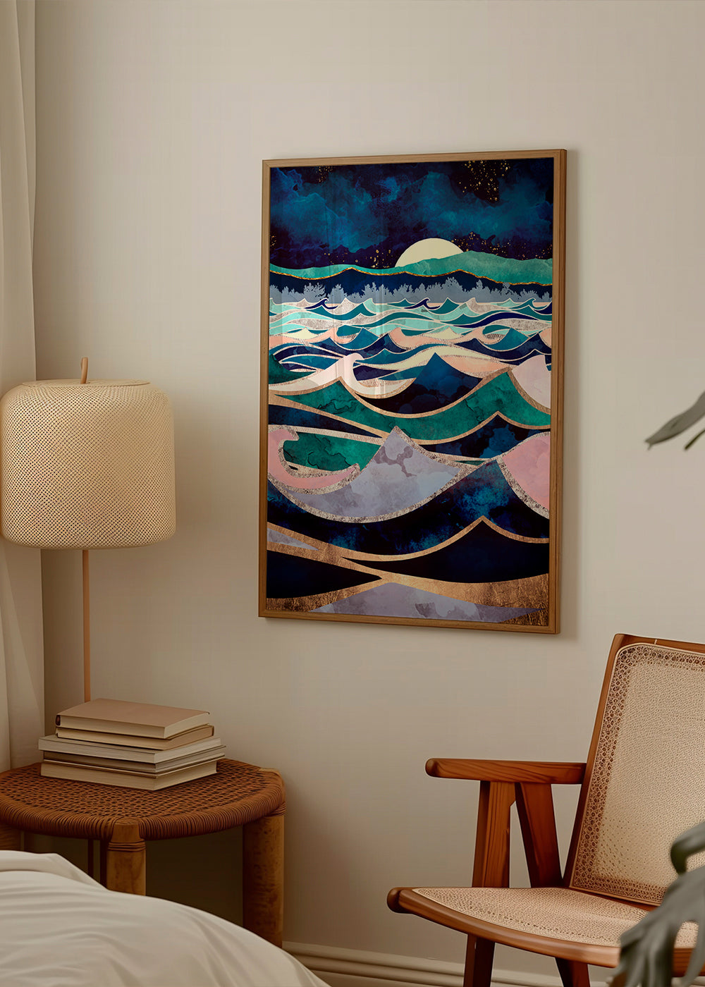 Abstracte kunst: gelaagde maanverlichte golven