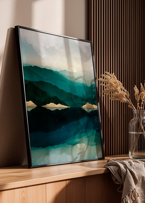 Landschap kunst met meerreflectie bij zonsopgang
