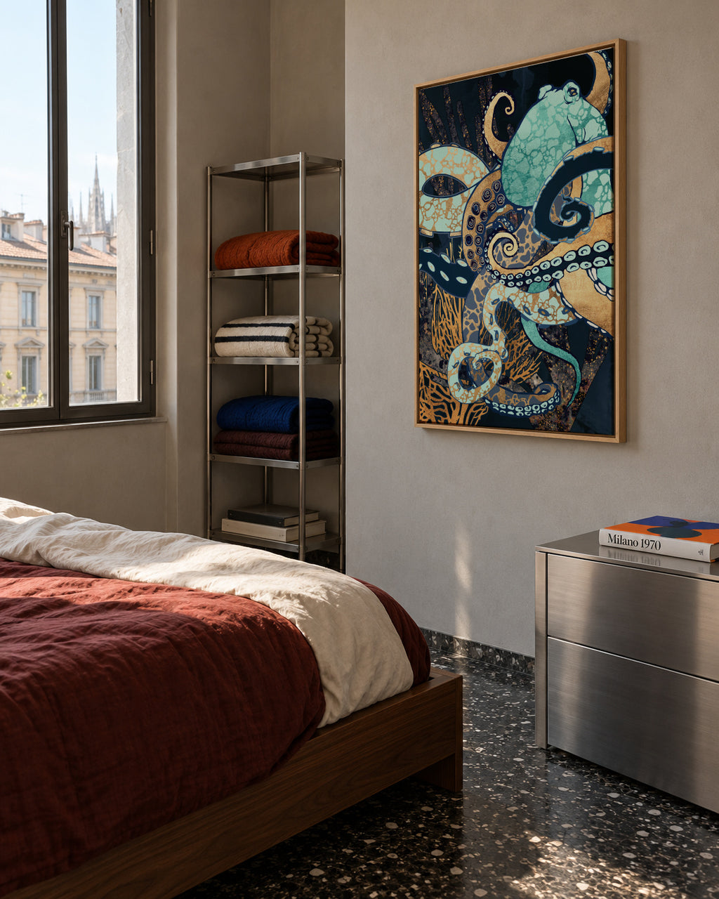 Metallic Octopus II - Framed canvas in an interior