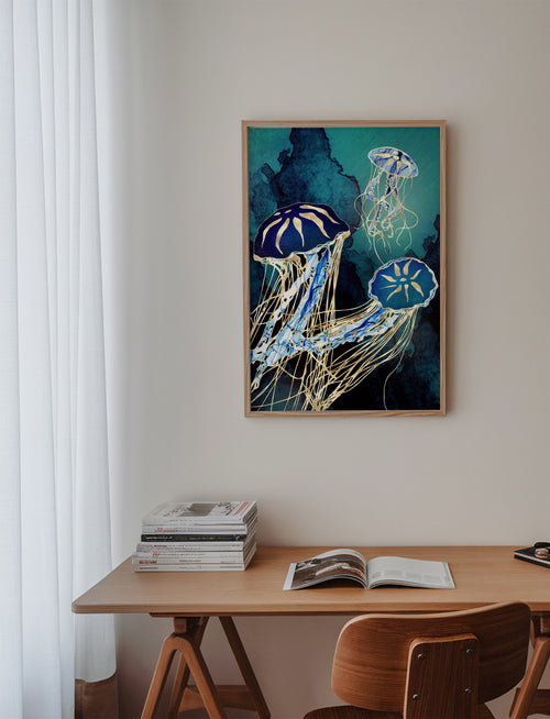 Metallic Jellyfish III - Framed poster in an interior