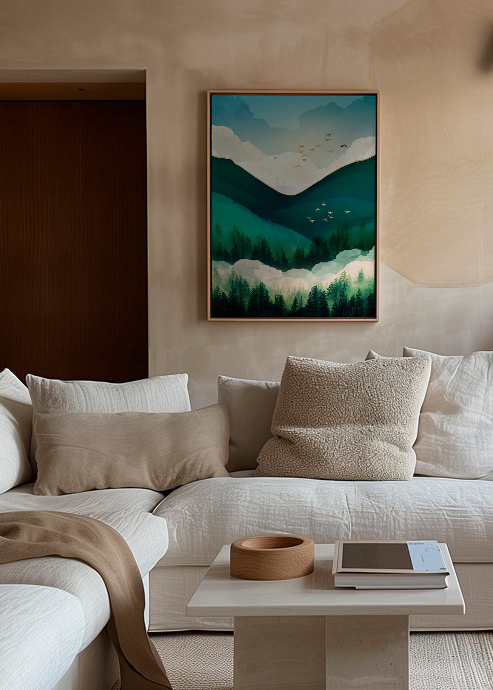 Landschap kunst: smaragdheuvels met vliegende vogels