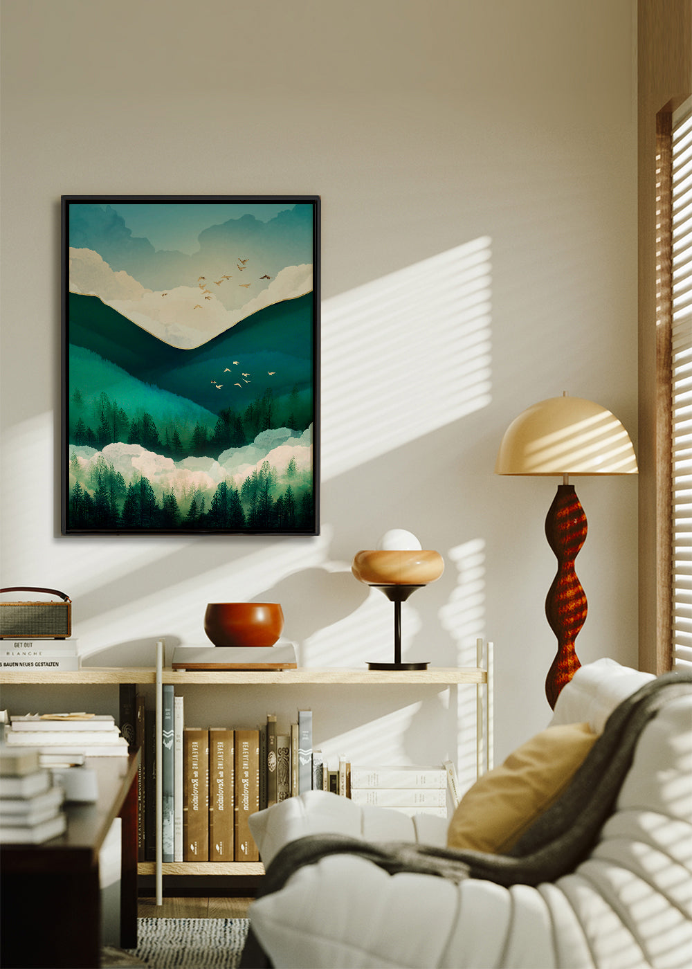 Landschap kunst: smaragdheuvels met vliegende vogels
