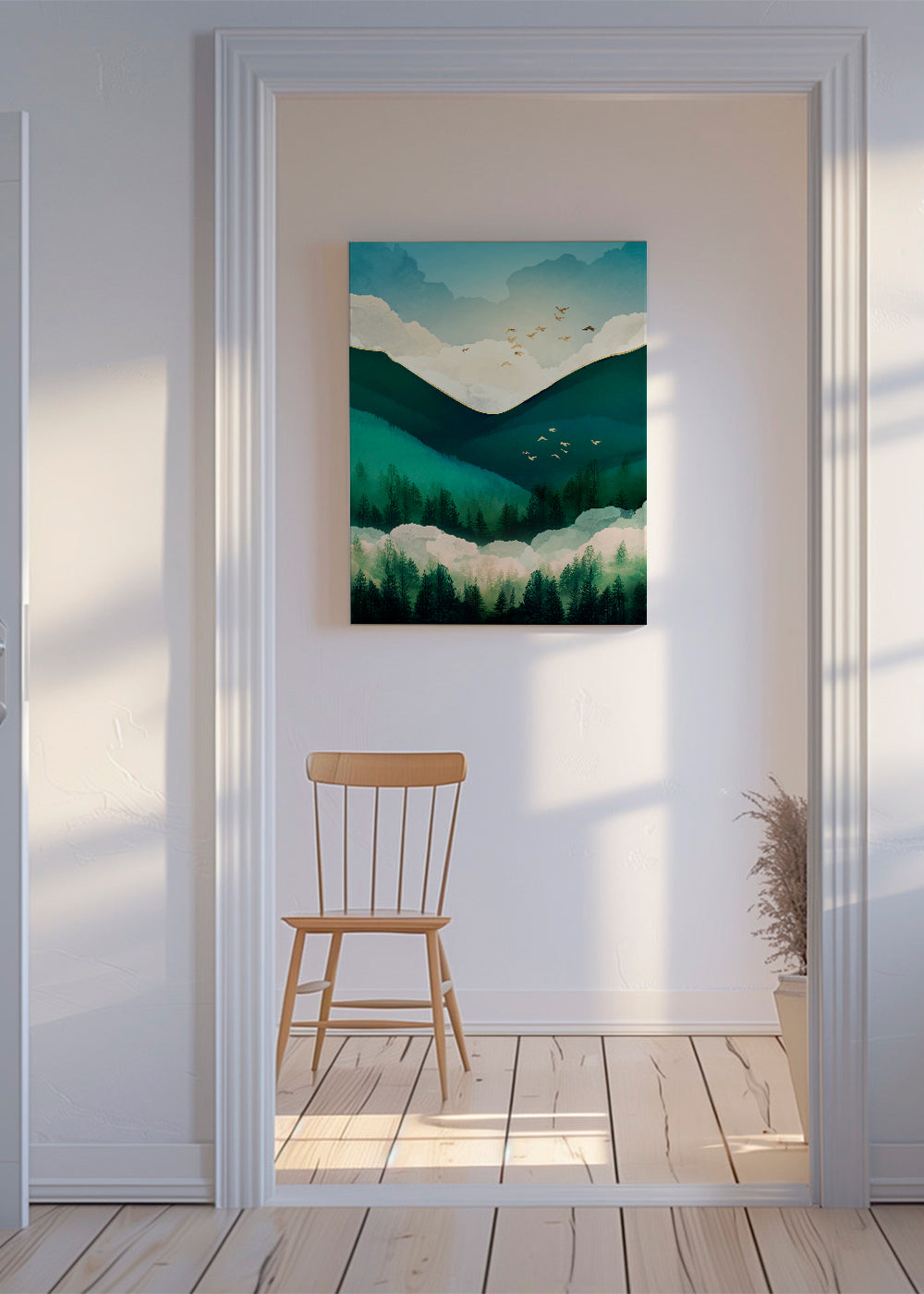 Landschap kunst: smaragdheuvels met vliegende vogels