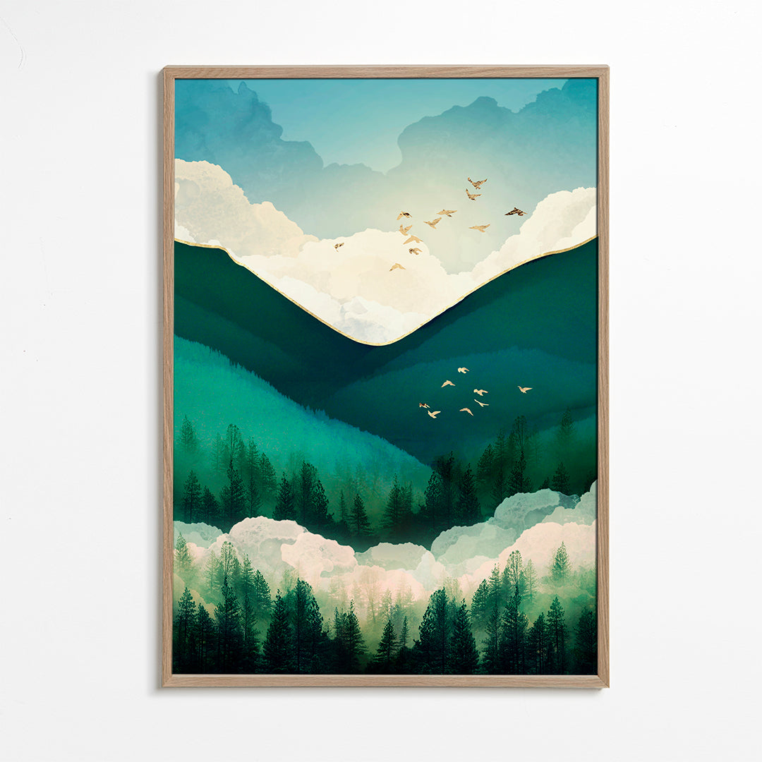 Landschap kunst: smaragdheuvels met vliegende vogels