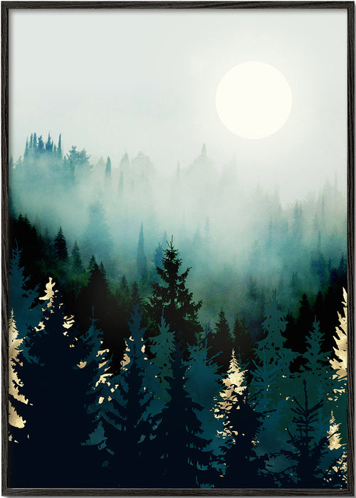 Landschap kunst: mistig bos met maan