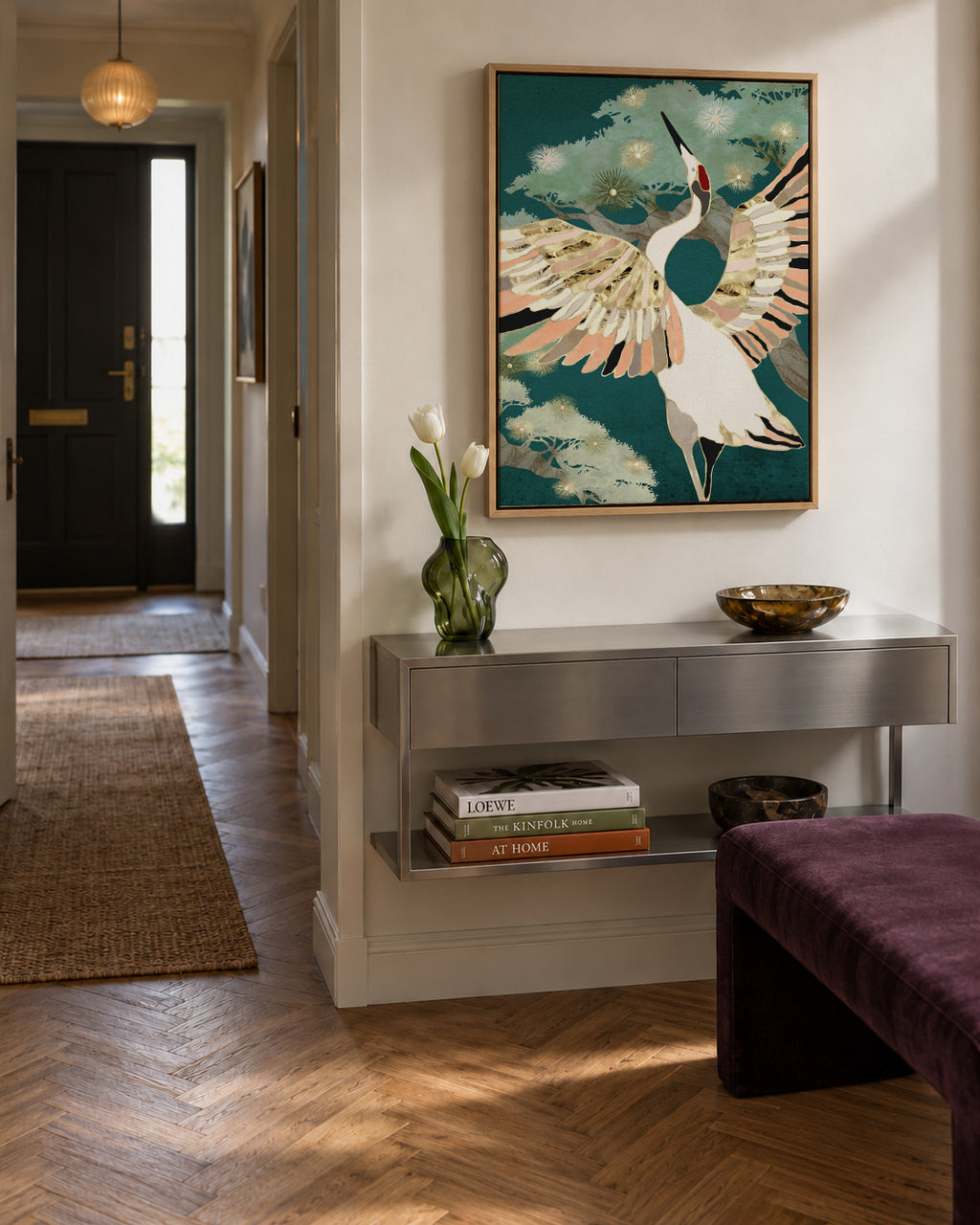 Golden Crane - Framed canvas in an interior
