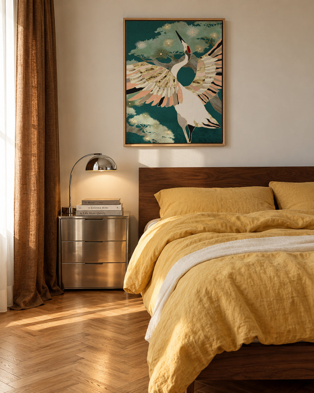 Golden Crane - Framed canvas in an interior
