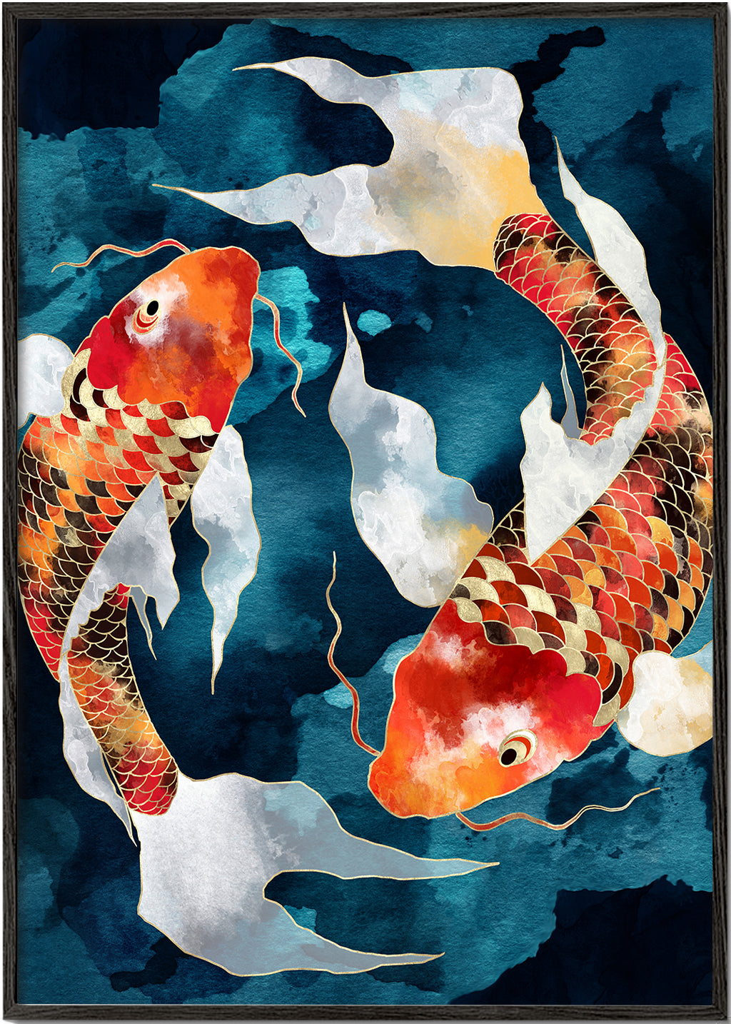 Kunstwerk Koi oranje op blauw