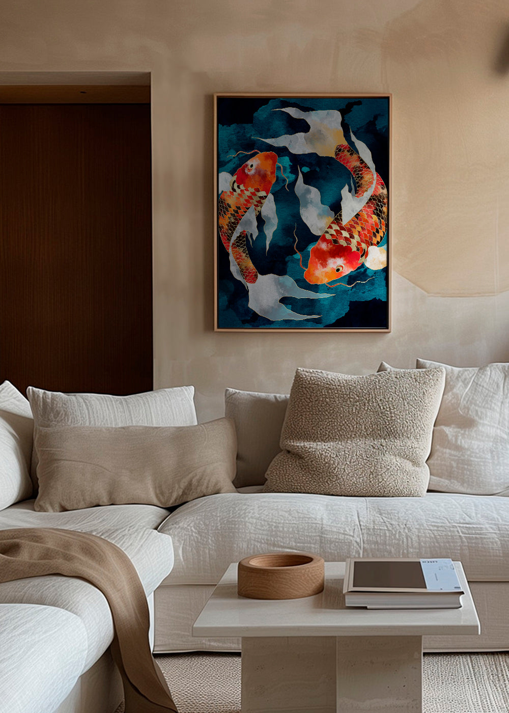 Kunstwerk Koi oranje op blauw
