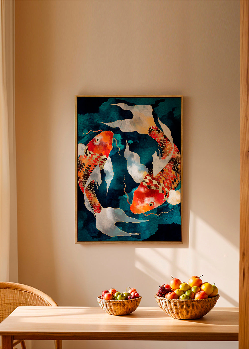 Kunstwerk Koi oranje op blauw