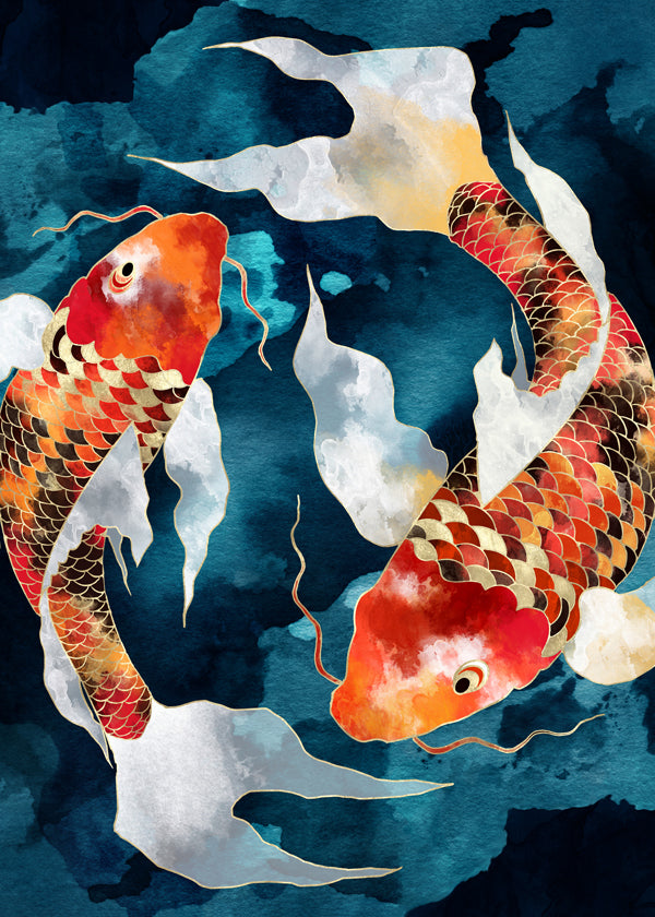 Kunstwerk Koi oranje op blauw