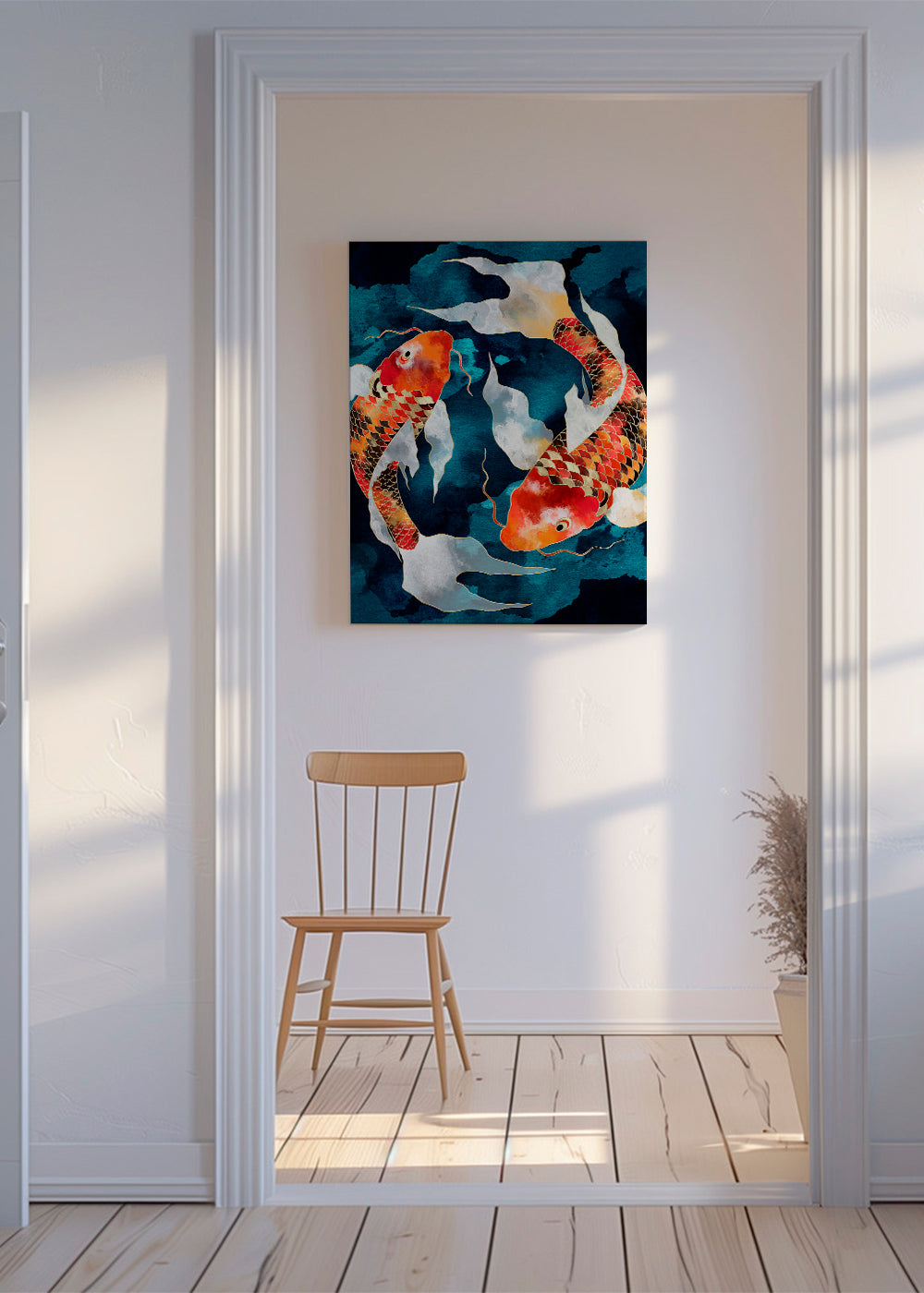 Kunstwerk Koi oranje op blauw