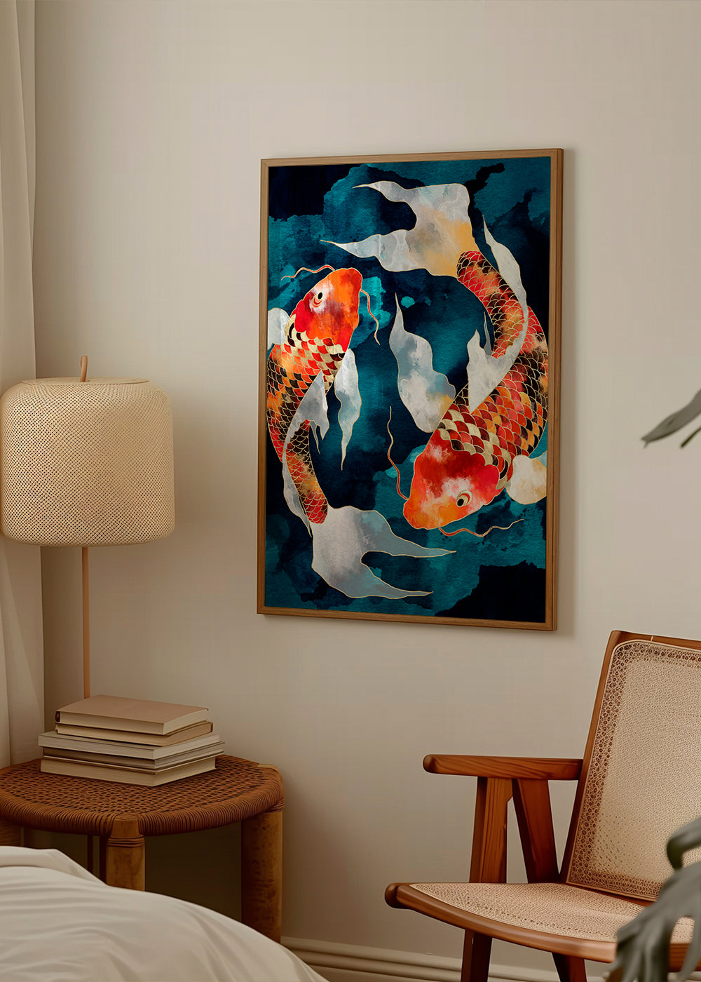 Kunstwerk Koi oranje op blauw