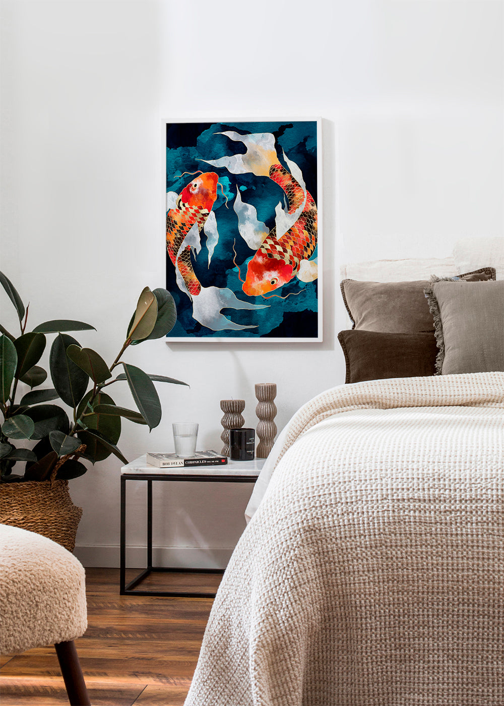 Kunstwerk Koi oranje op blauw