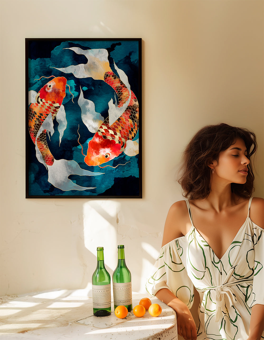 Kunstwerk Koi oranje op blauw