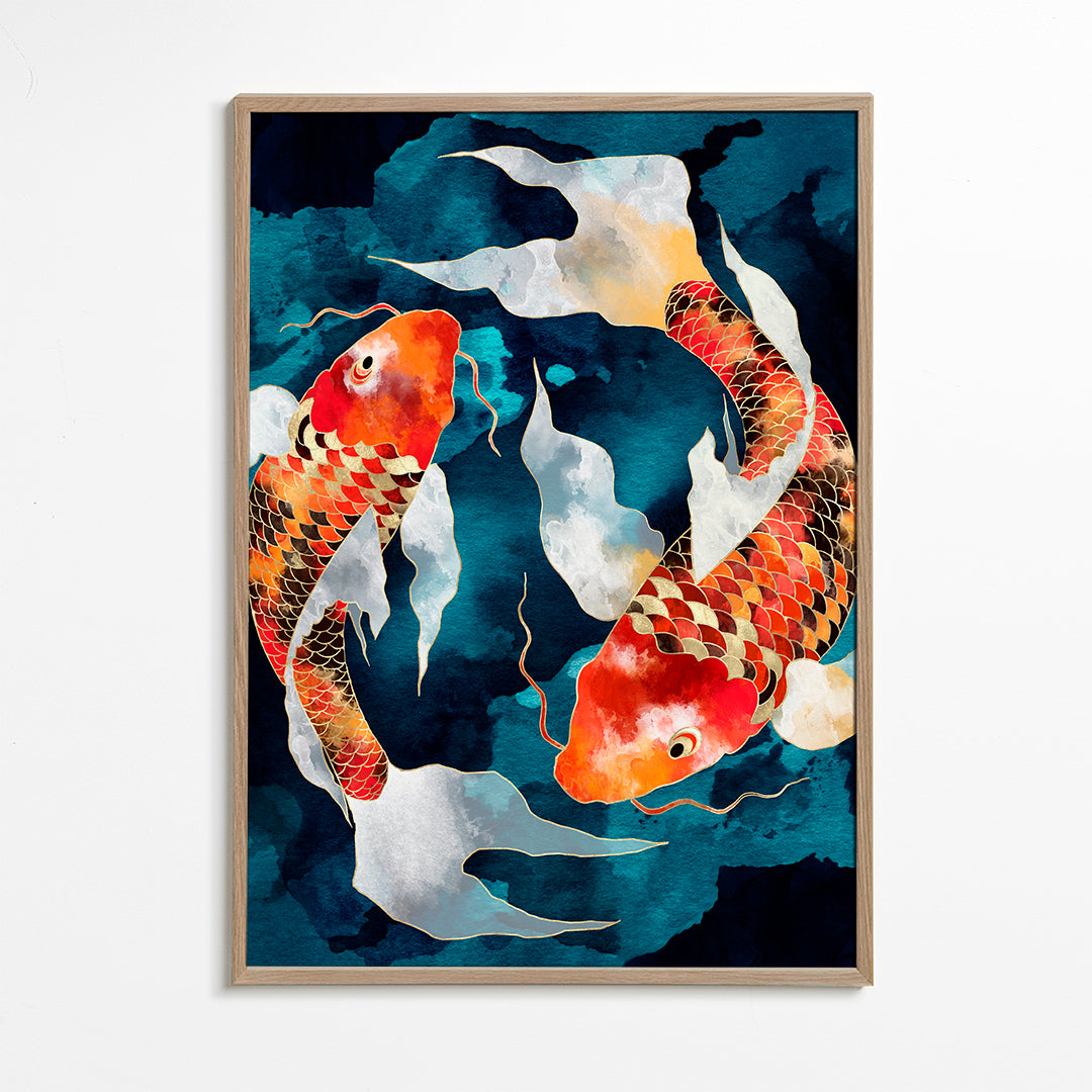 Kunstwerk Koi oranje op blauw