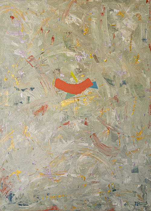 Abstract kunstwerk met gebaarstreek en oranje vlek