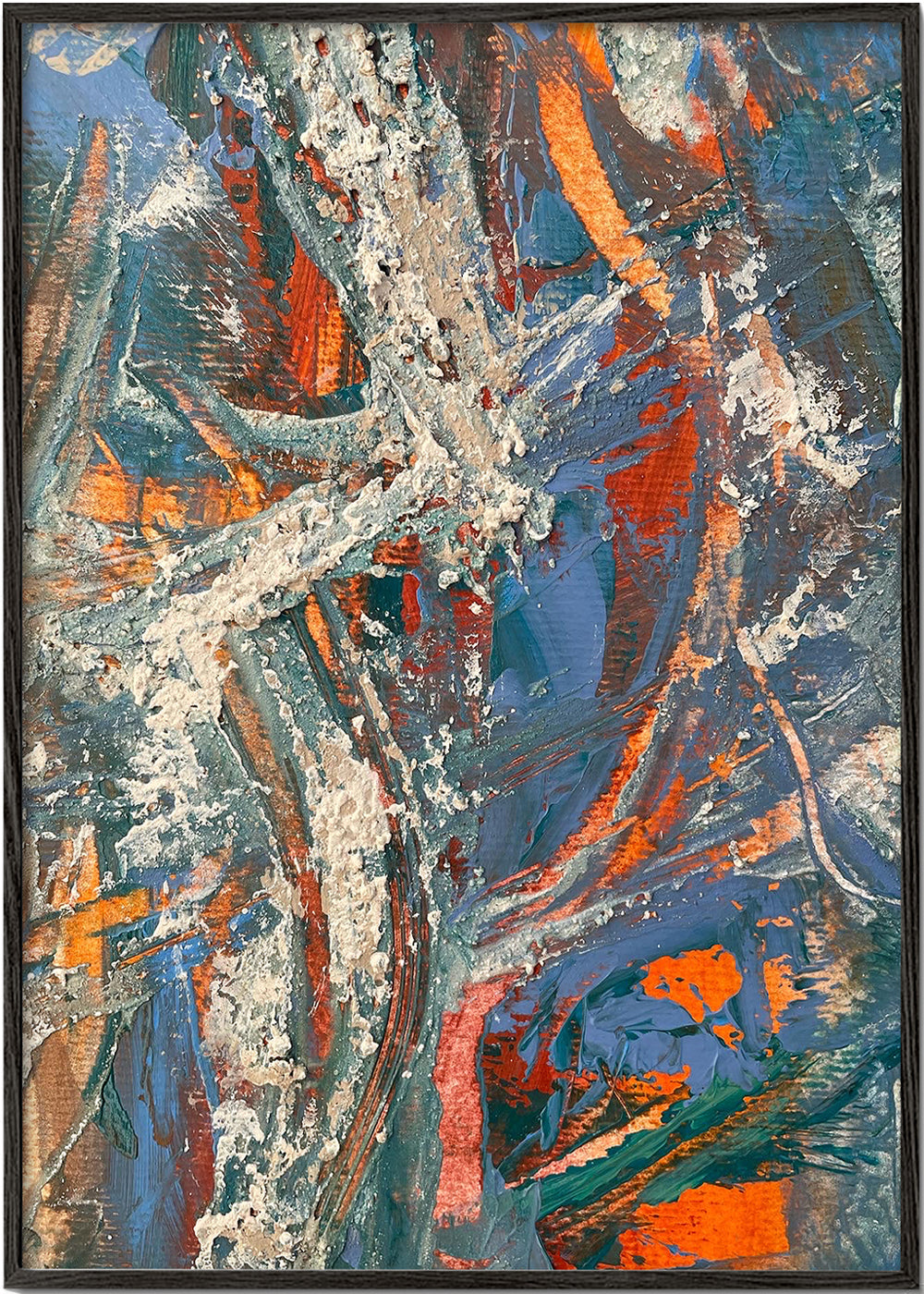 Abstract kunstwerk met blauw en oranje penseelstreken