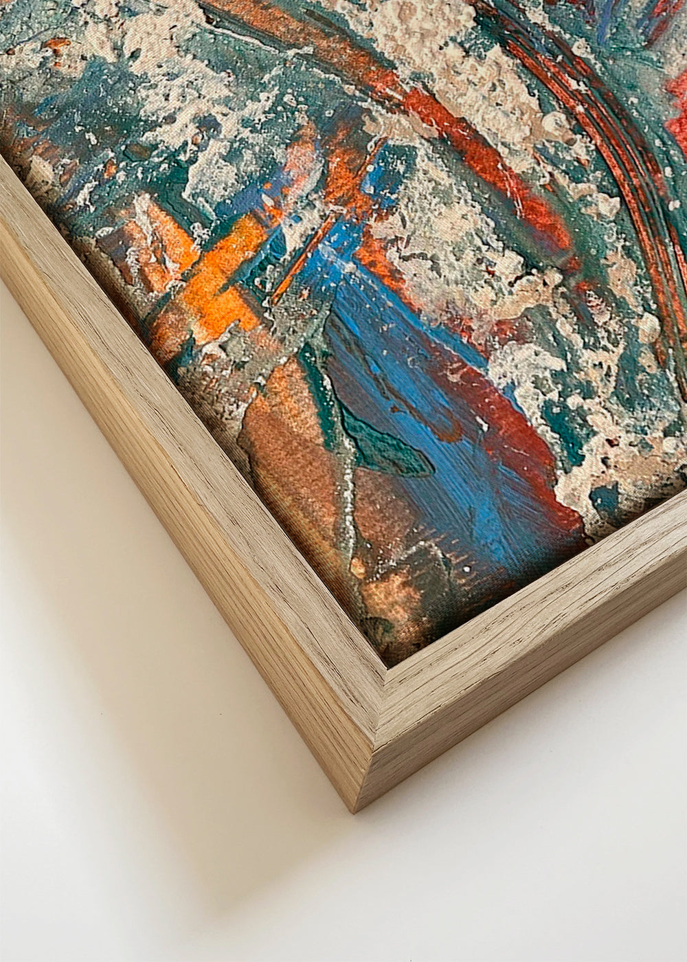 Abstract kunstwerk met blauw en oranje penseelstreken