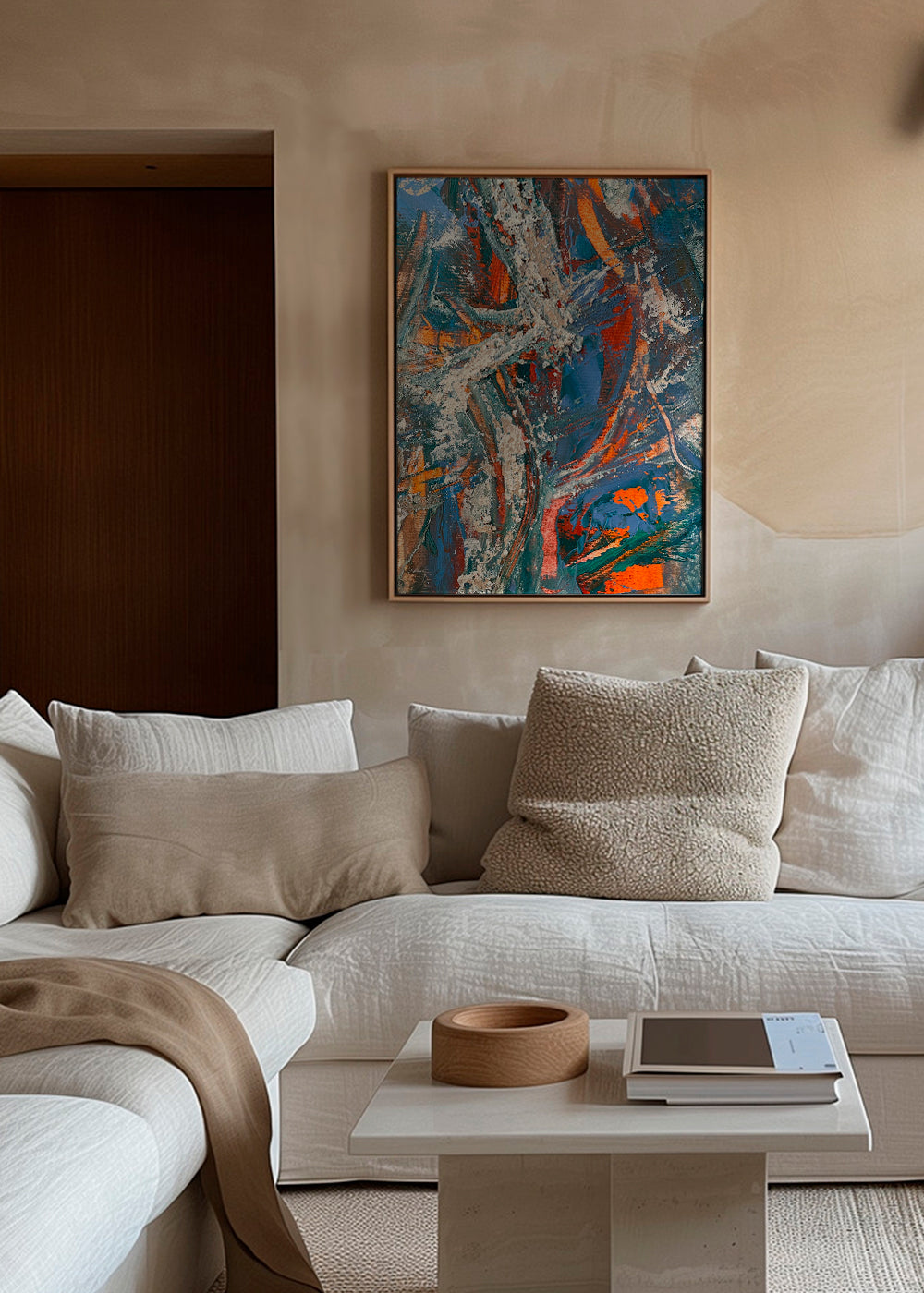 Abstract kunstwerk met blauw en oranje penseelstreken