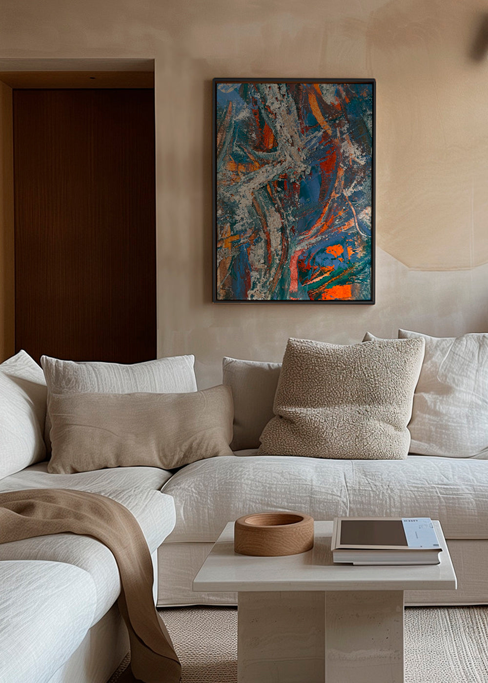 Abstract kunstwerk met blauw en oranje penseelstreken
