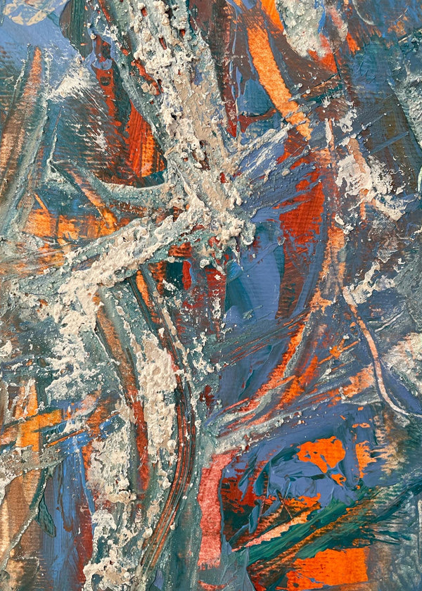 Abstract kunstwerk met blauw en oranje penseelstreken