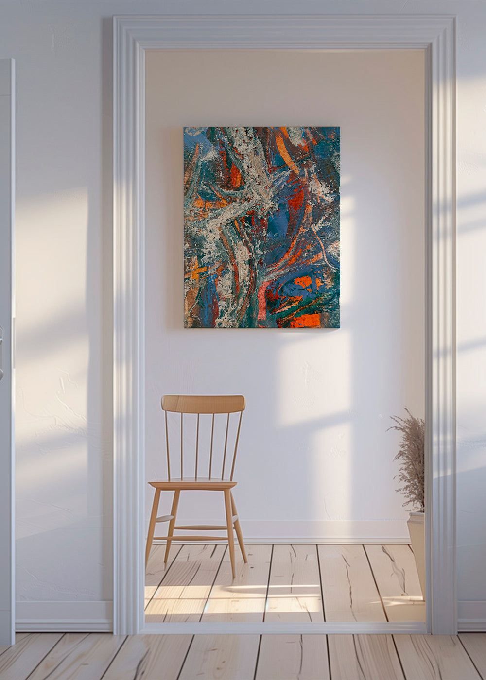 Abstract kunstwerk met blauw en oranje penseelstreken